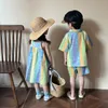 2024 Summer Kids Tops Set Cotton Striped Girls Shelthers Boys Boys Tracksuit Brother and Sister Outfit Thirts Tshirt Suit 240416