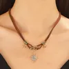 Eight-pointed star choker necklace brown leather necklace for women Niche Maillard Sun double-layer clavicle chain