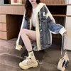 Frauenjacken Denim Patchwork Kapuzepullover Frauen 2024 Herbst Winter Korean Strick Jacke Chic Jersey Strickjacke Lose Kleidung Oberbekleidung