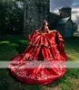 Red satijnen borduurwerk van de schouderbaljurk Quinceanera jurken prinses prom feestjurken zoet 15 Vestidos de Fiest