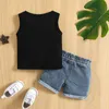 Ensembles de vêtements Baby Boy Piece Été Titulade Coton Lettres Imprimé Tabarrage avec un short en jean Ripped Set Child Kid Clothes H240507