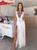 Urban Sexy Dresses Women Sexy Bandage Tassel Maxi Dress Elegant Slim Dp V Neck Slveless Party Robes 2024 Summer Lady Nightclub Beach Vestidos T240507