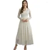 Ethnic Clothing Fashion Women Mesh Hollow Out Beige White Lapel Dress Muslim Dubai Abaya Vintage Evening Turkey Kaftan Arab Robe Islamic