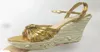 Luxury Pearl Insert Straw Braid Wedges Platform Sandaler Kvinnor Öppna Toe Gold Strappy Leather High Heel Shoes Party5676137