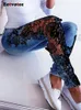 Eotvotee koronkowe spływające puste niebieskie dżinsy dla kobiet elegancka moda szczupła wysoka talia vintage chude spodnie ołówkowe 240423
