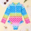 Swimwear Girls Long Sleeve Swimwear One Piece Swimsuits Kids Striped Rainbow Bathing Suit Hawaiian Beach Swim Shirts for Surfing