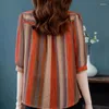 Blouses pour femmes 2024 Été Vertical Stripes Design Sense Mid Sleeve Elegant Temperment Casual Lady Shirt Fashion Fashion Fashion Top confortable