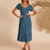 Robes décontractées en V col vintage plissée longue robe femme d'été à manches courtes à manches boutonnées élégantes midi boho solid
