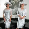 2020 Modest formal da noiva Jewel Neck Lace Applique Satin Mother Dress Dress Night Vestes de zíper do joelho personalizado 0431