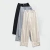 Pantaloni da donna pantaloni curvi in cotone alla moda con silhouette a doppio pulsante in vita a due punti casual a nove punti casual