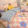 مجموعات الفراش Nordic Pink Checkered Down Dovet Cover With Bawlowcases Flat Sheets Children Girls All Queens Size Cavai Bedding J240507