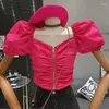 Women's Blouses Elegant Square Neck Off Shoulder Bubble Sleeve Zipper Design With Pleats Sexy Short Top Shirt Blusa Feminina Baratinha