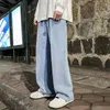 Jeans masculins mode coréen Baggy élastique taille classique couleur olide pantalon de denim à jambe large masculin bleu clair gris noir
