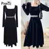 Повседневные платья Pinkoz Gothic Chic Women Midi A-Line Платье Бархат-квадратное воротник Черный элегантная молодая женщина с поясными везидами