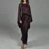 Women Sexy Solid Slim Bodycon Suit Spring Oneck Batwing Sleeve Top Pullover Boho Long Skirt Outfit Autumn Satin 2pcs Set 240423
