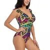 Menas de banho feminina Ruffled Ruffled Swimsuit Moman Leopard colorido símbolo de paz Hippie Peace