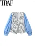 Blouses pour femmes Patchwork Patchwork Femmes Shirt 2024 Summer Summer Puff Sleve V Neck Boutons Blouse Slim Crop Top Y2K