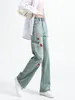 Damenjeans 2024 Sommer Koreanische Mode bestickt mit hoher Taille Vintage Blue Jeanshose Schlanke Weitbeinhosen