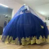 Masquerade Blue Quinceanera -jurken met Cape 2024 Sweetheart kristidos de xv 15 anos gouden appliques vijftien brithdday jurk prachtige zoete 16 feestjurken