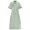 Vestidos de festa Vestido de verão feminino estilo chinês Green Green Cheongsam 2024 Lady elegante botão de manga curta roupas de moda