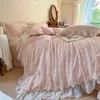 Beddengoeds sets gewassen katoen roze elegante ruches rand set zacht chic bloemen kanten ontwerp dekbedoverkap laken kussencases voor meisjes