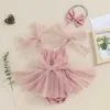 Rompers babymeisjes prinses bodysuits kleden vaste kleur tie knoop knoop suspender tule tutu verjaardagsfeestje meisje bodysuits+hoofdband h240507