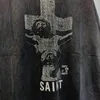 T-shirts Vintage Wash Black Saint Michael T Shirts Men Woman Hoge kwaliteit Saint Cross Letter Patroon O-Neck losse geliefden Top T-stukken J240506