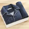 Comfy Milk Silk Loungewear Stylish Mens Fall Winter Pajama Set Striped Plaid Print Color Matching Lapel Singlebreasted Long 240428