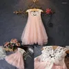Vestidos de menina 2024 Fashon chiffon criança bebê vestido de festa pérola rosa renda de tule vestido de tule chique 2-7y