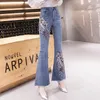 Женские джинсы Женские цветочные вышивка повседневная для женщин одежда для девочек мода с высокой талией джинсовые брюки Женская одежда BPAY1032