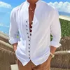 Polos de polos masculinos Novo camisa retro casual de linho de algodão de manga longa de mangas compridas Botão de lapela de lapência de cor sólida camisa de férias de férias topl2405