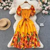 YUoomuoo Fashion Summer Flower Vestido largo Mujeres Vintage Cuello cuadrado Ruchado Venta de sundress Vestidos 240424