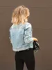 Long Sleeve Cropped Denim Jacket Blue Ripped Button Closure Distressed Flap Pockets Coats Womens Clothing 240423