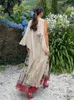 Womens printed pleated patchwork Maxi dress sexy off shoulder sleeveless vest 2024 casual loose vacation beach robe 240430