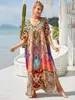 Boho gedruckt Kaftan Casual Summer Clothing 2024 Frauen Plus Size V Hals Batwing Sleeve Beachbekleidung Cover Up Maxi Kleid Robe Sarong