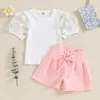 Clothing Sets Kids Clothes Baby Girl Summer 2PCS Outfits Sweet Mesh Short Puff Sleeve Round Neck T-Shirts High Waist Flared Shorts H240507