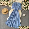 Vestidos casuales básicos para mujeres Summer Midi Vestido francés 2021 dulce manga de cuello en V hojaldre elegante mujer sólida de ropa femenina dhqvr