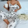 Top cime da donna con pantaloni con pantaloni da pigiama set da sonno di abbigliamento da sonno pijama pajamas estate homewear homewear satin set 240507