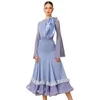 Scenkläder 2024 Ballroom Dance Professional Dresses Women's Blue Latin Top Ruffled kjolar Vuxna Chacha Tango Dancing Clothes SL10234