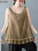 Women's Blouses Shirts 2024 ZANZEA Retro Summer Sleeveless Tank Top Womens Lace Crochet Shirt Womens Beach Shirt Tunic Fashion Solid Holiday BlueL2405