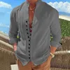 Polos de polos masculinos Novo camisa retro casual de linho de algodão de manga longa de mangas compridas Botão de lapela de lapência de cor sólida camisa de férias de férias topl2405