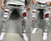 Men039s Skinny Ripped Jeans Postwork Patchwork Denim pantalon Hiphop Imprime-jogging Crayon Pantalon Denim de haute qualité X062126353222778027