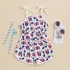 Rompers Independence Day Baby Girl Casual Spaghetti Braps Stars Print Playsuit Jumpsuit voor kinderkleding overalls H240507