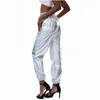 Frauenhose Laser Metallic Frauen lässig Lange Nachtclub Party elastische Taillenhosen mit Taschen Disco Hippie Harem Pantalone