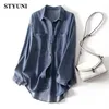 Bloups feminina camisas de jeans de algodão de algodão único colar de gola de gola virada para feminina camisa de moda longa com moda coreana vinatge solto blausas top d240507