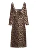 Повседневные платья Aonibeier Leopard Print Женское платье для вечеринки 2024 Spring Square воротник с длинным рукавом Slim Robe Женщина Midi Y2K