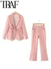 Zweiteilige Hosen für Frauen 2024 Spring Elegante Frauen rosa Taille gebundene Blazer Anzüge Langarm Office Jacke Frauen ausgestattet Sets Y2K