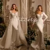 Robes de mariée de sirène de luxe avec train détachable 2024 Manches longues 2 en 1 Overskirt Fleurs Église perlées Bouches nuptiales