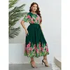 Festklänningar blommigt tryck ruched ruffles maxi klänning kvinnor sommar avslappnad snörning a-line lång plus size wrap streetwear vestidos