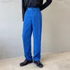 Herrbyxor 2022 Summer Korean Style Unique Pleated Design DrawString Pants Mens Mens Casual Loose Blue Suit Mens Trousera Size M-XL J240507